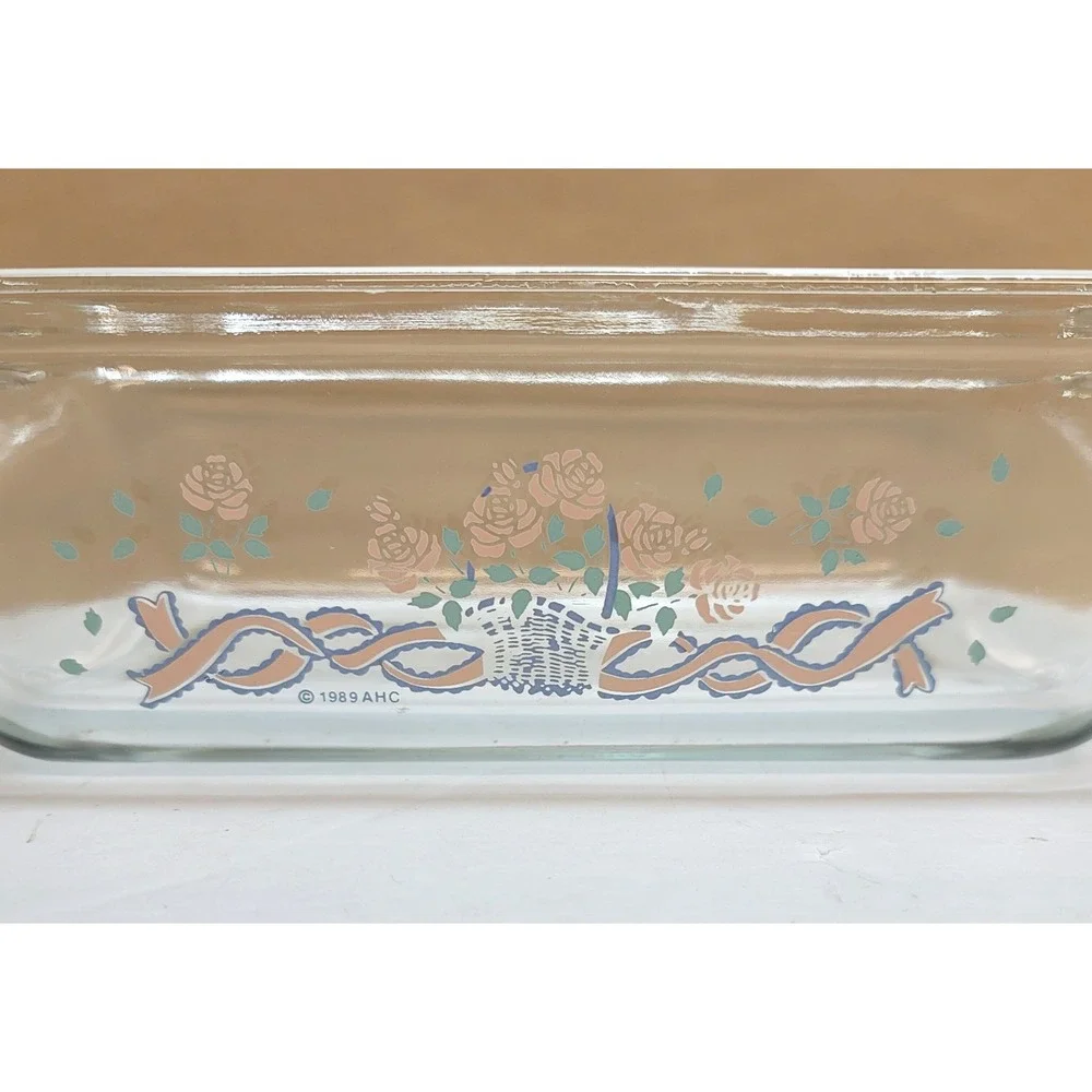 Anchor Hocking Glass Loaf Dish 1.5 Qt Floral Basket Ribbon Vtg 1989 9